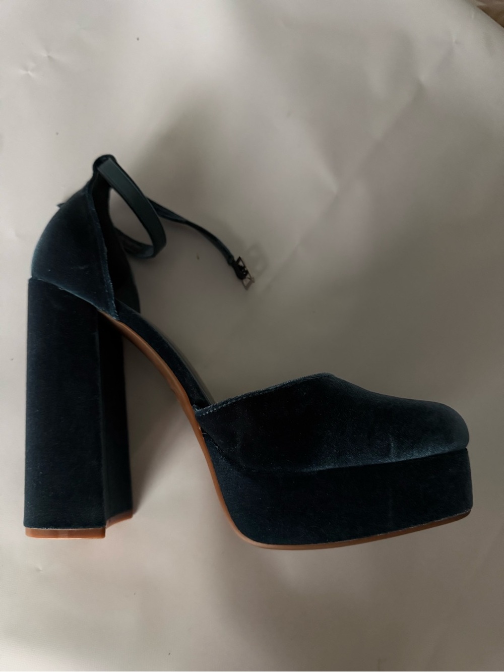 Velvet Platform Block Heels with Ankle Strap in Teal